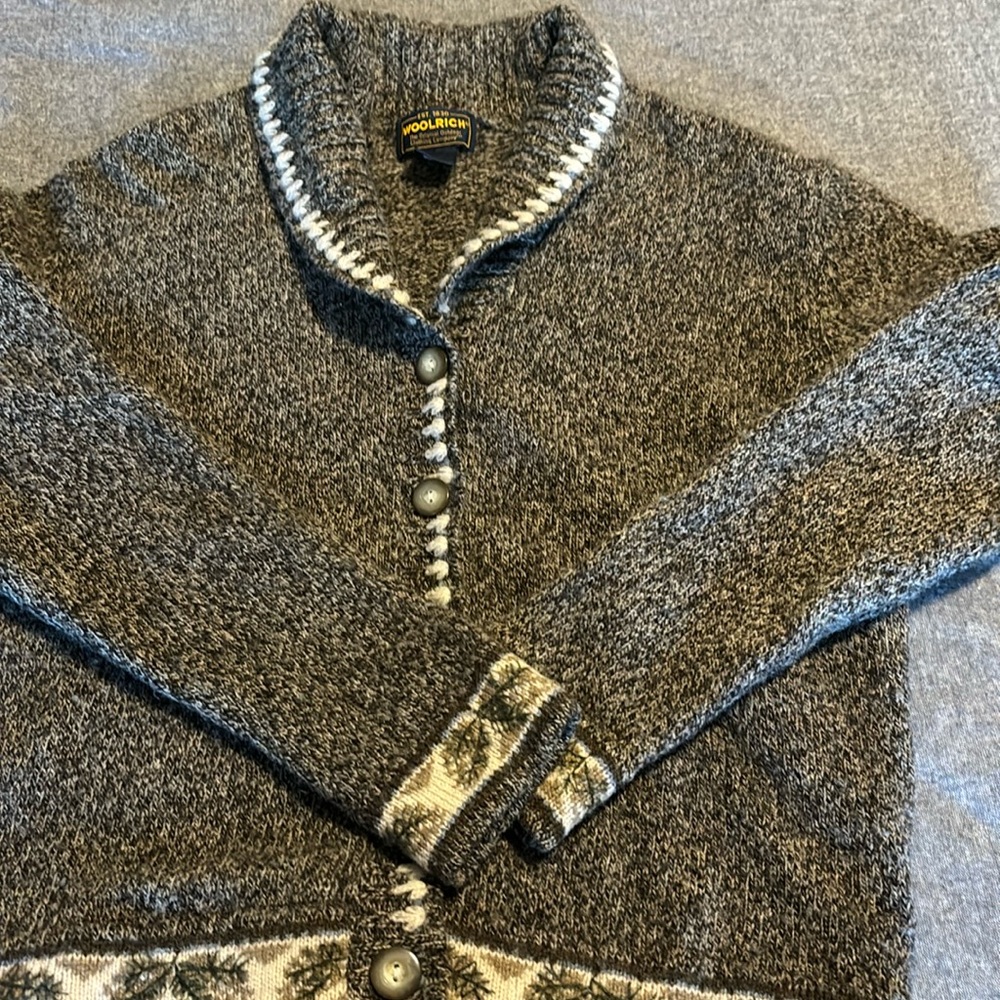 CWoolrich Wool Cardigan Sweater, shawl collar, women’s size medium,‎ leaf